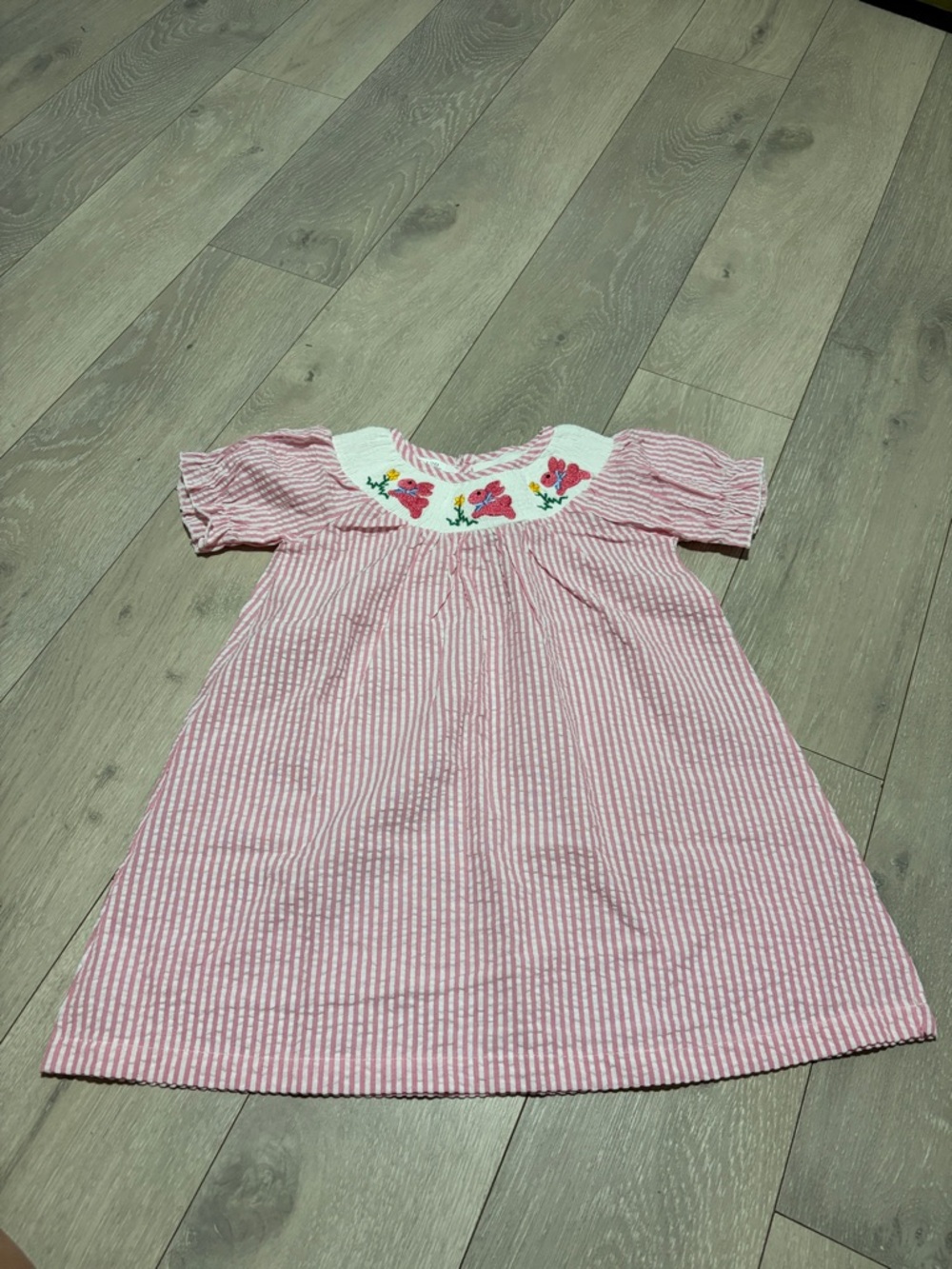 Girls Pink Striped Embroidered Yoke Dress